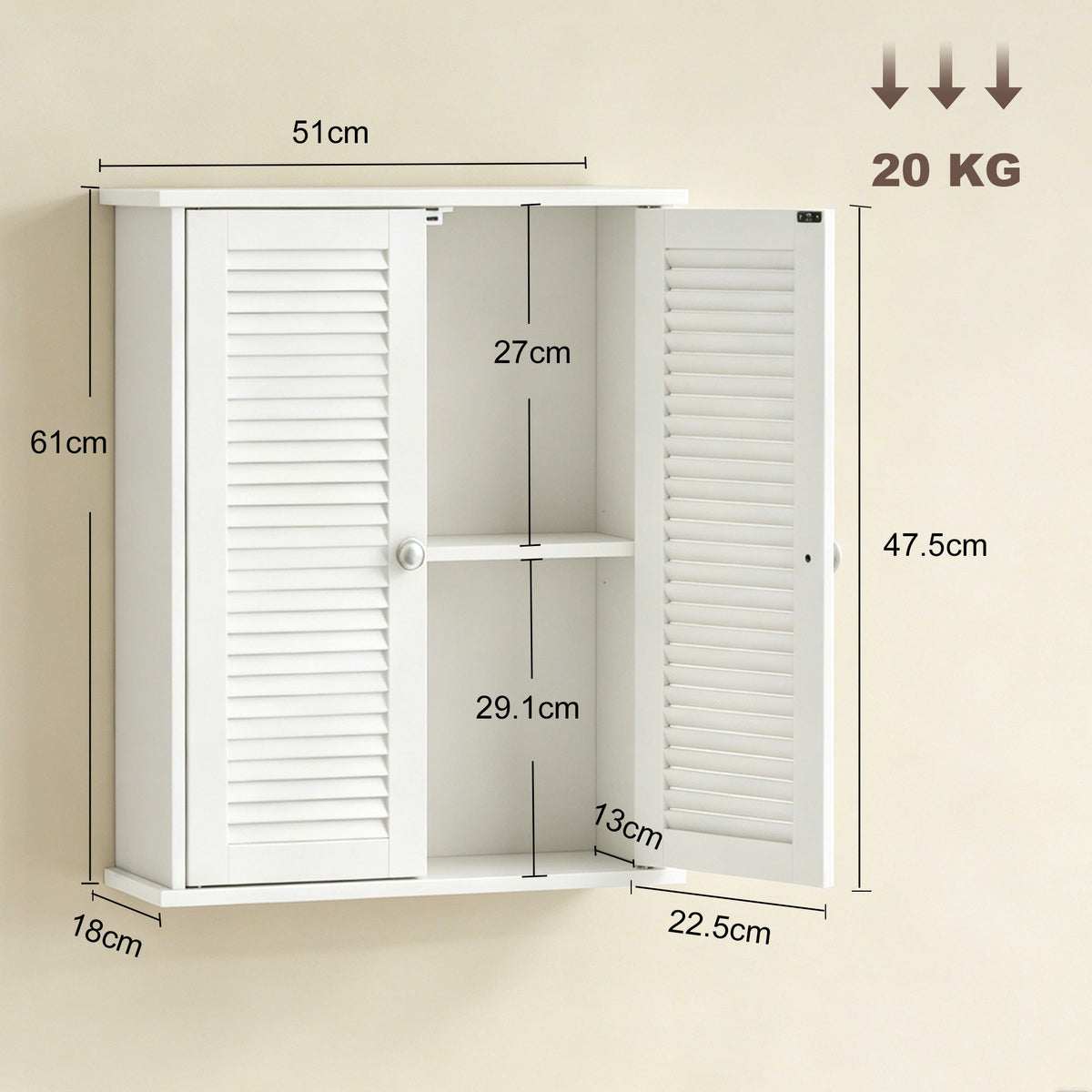HOMCOM Bathroom Cabinet, Bathroom Wall Cabinet with Louvered Doors and Adjustable Shelf Storage for Kitchen, White