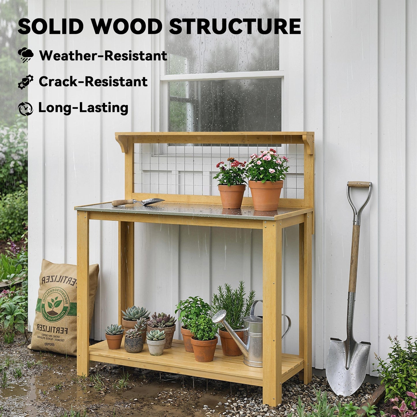 Outsunny Wooden Potting Bench Table with Aluminium Worktop, Outdoor Garden Workbench with 2 Shelves