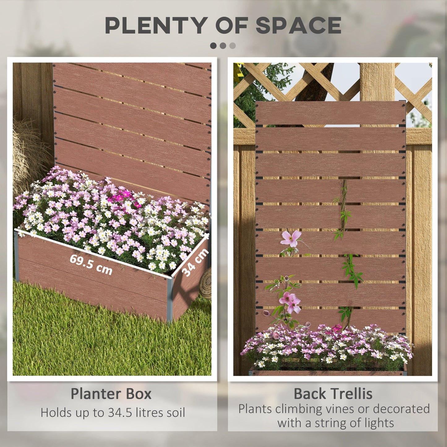 Outsunny 34 x 69.5cm Garden Planter Box, with Back Trellis, Brown