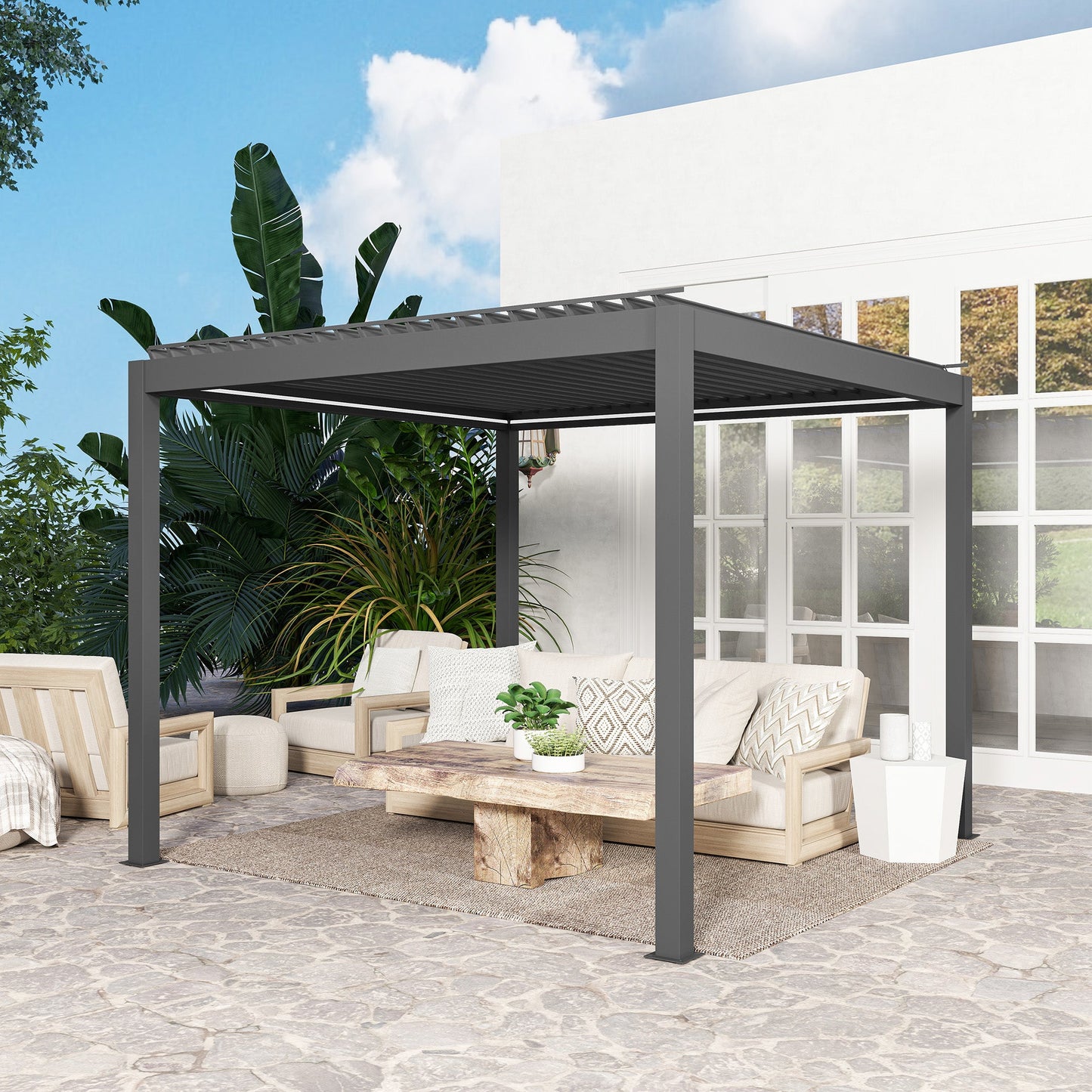 Outsunny 3 x 3(m) Electric Louvered Pergola with LED Lights, Aluminium Pergola Hardtop Gazebo with Remote, Adjustable Roof and Drainage System, Water and UV Proof