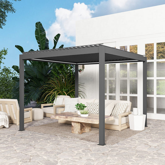 Outsunny 3 x 3(m) Electric Louvered Pergola with LED Lights, Aluminium Pergola Hardtop Gazebo with Remote, Adjustable Roof and Drainage System, Water and UV Proof
