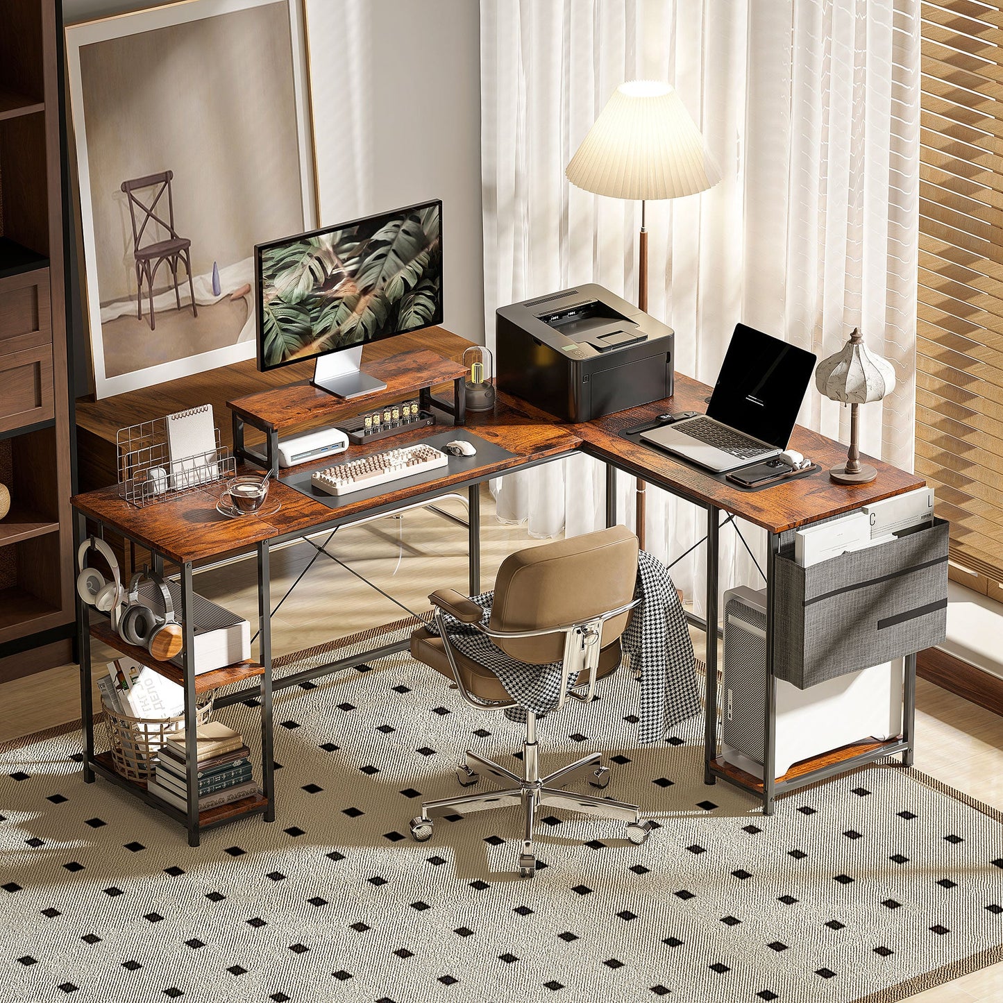 HOMCOM 168cm Reversible L Shaped Desk, Industrial Corner Computer Desk with Adjustable Shelf and Storage Bag, 240cm 2 Person Desk with Monitor Stand, Rustic Brown