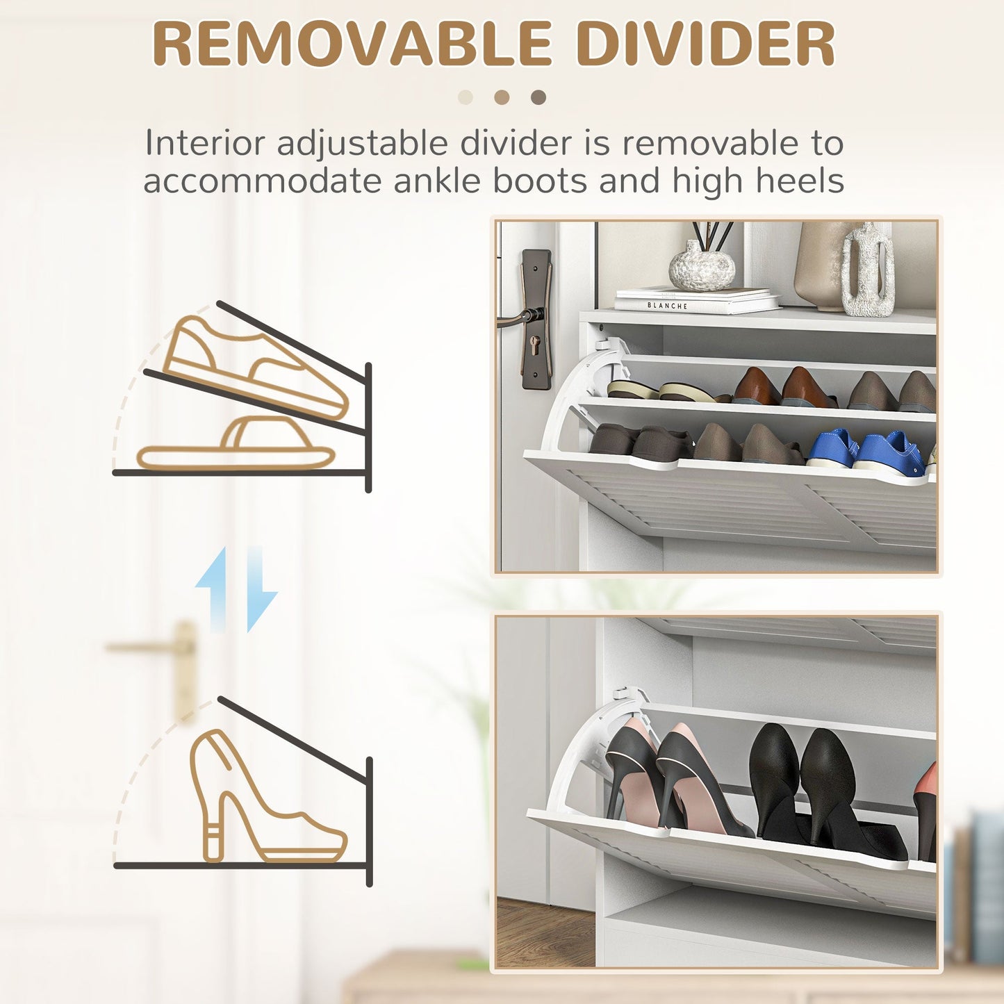 HOMCOM 2 Drawers Entryway Shoe Cabinet, Narrow Shoe Storage Cabinet with 2 Flip Drawers, Louvred Door Design and Adjustable Shelves for 16 Pairs of Shoes, White