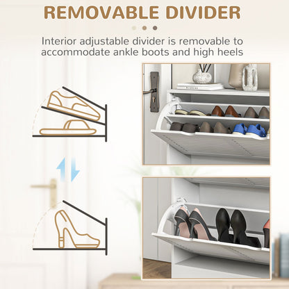 HOMCOM 2 Drawers Entryway Shoe Cabinet, Narrow Shoe Storage Cabinet with 2 Flip Drawers, Louvred Door Design and Adjustable Shelves for 16 Pairs of Shoes, White