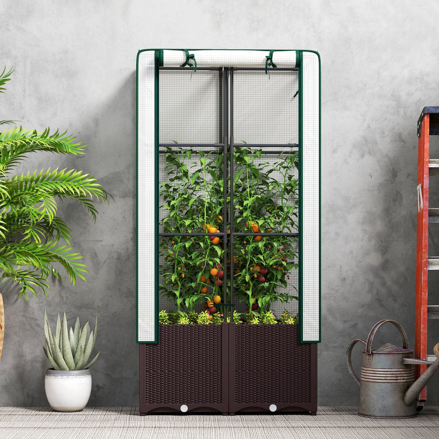 Outsunny Raised Garden Bed with Trellis, Plastic Planter Box with Drainage Holes and Drain Plugs for Climbing Plants, Vegetables, Flowers, 80 x 40 x 140 cm