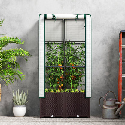 Outsunny Raised Garden Bed with Trellis, Plastic Planter Box with Drainage Holes and Drain Plugs for Climbing Plants, Vegetables, Flowers, 80 x 40 x 140 cm