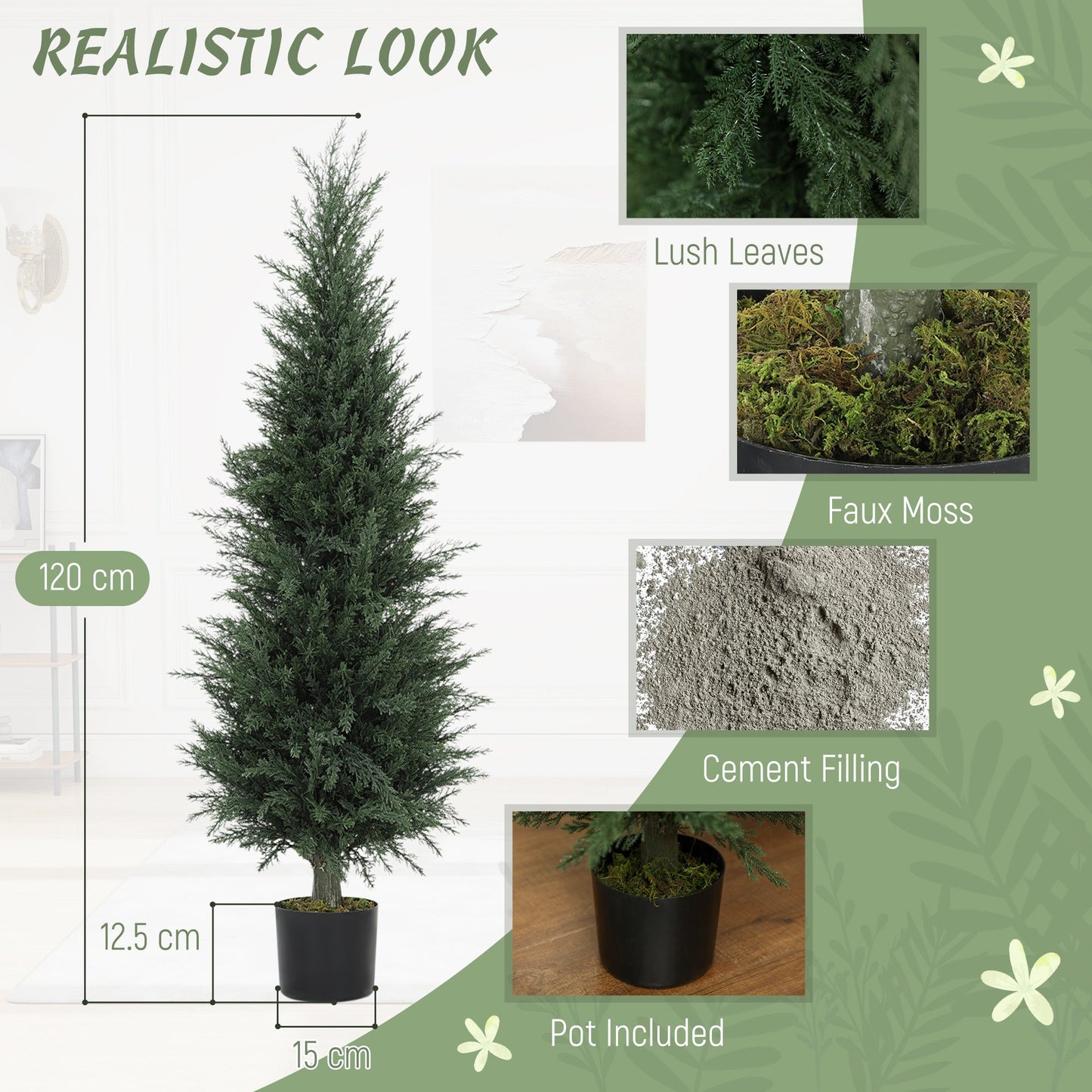 HOMCOM Set of 2 Decorative Artificial Plant, 120 cm Cypress Tree with 638 Leaves in Pot, UV-Resistant Plastic Fake Tree for Indoor Outdoor Home Office
