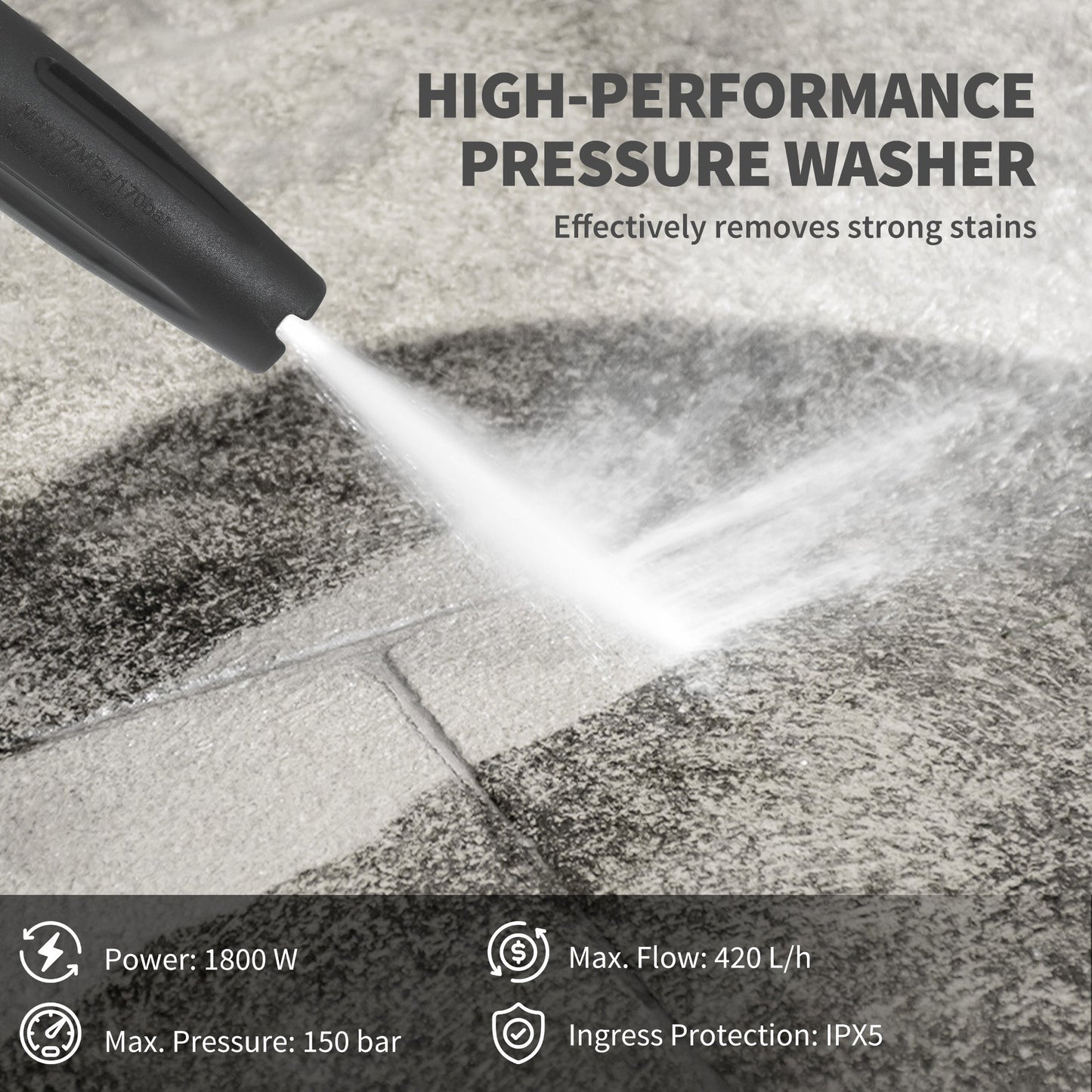 Outsunny 1800W High Pressure Washer, 150 Bar Pressure, 420 L/h Flow, Portable Electric Power Washer Jet Wash Cleaner with Adjustable Nozzle, 6M Hose, Steel Handle for Home Patio Car Driveway, Yellow