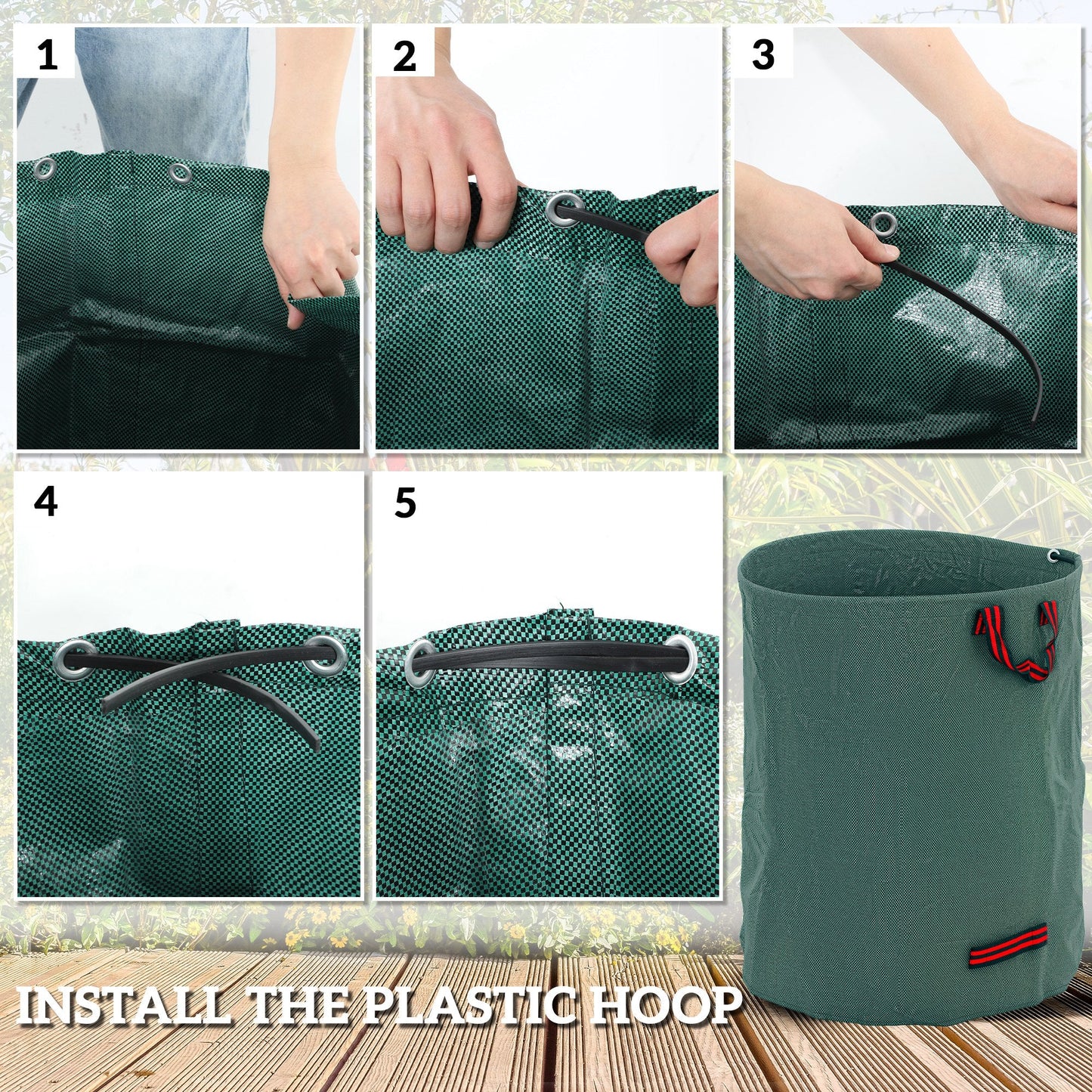 Outsunny Garden Waste Bags, 300L x 3 Heavy Duty Garden Bags, Foldable and Reusable Garden Sacks with Handles for Collecting Garden Waste, Plant Waste Grass and Leaves, Green