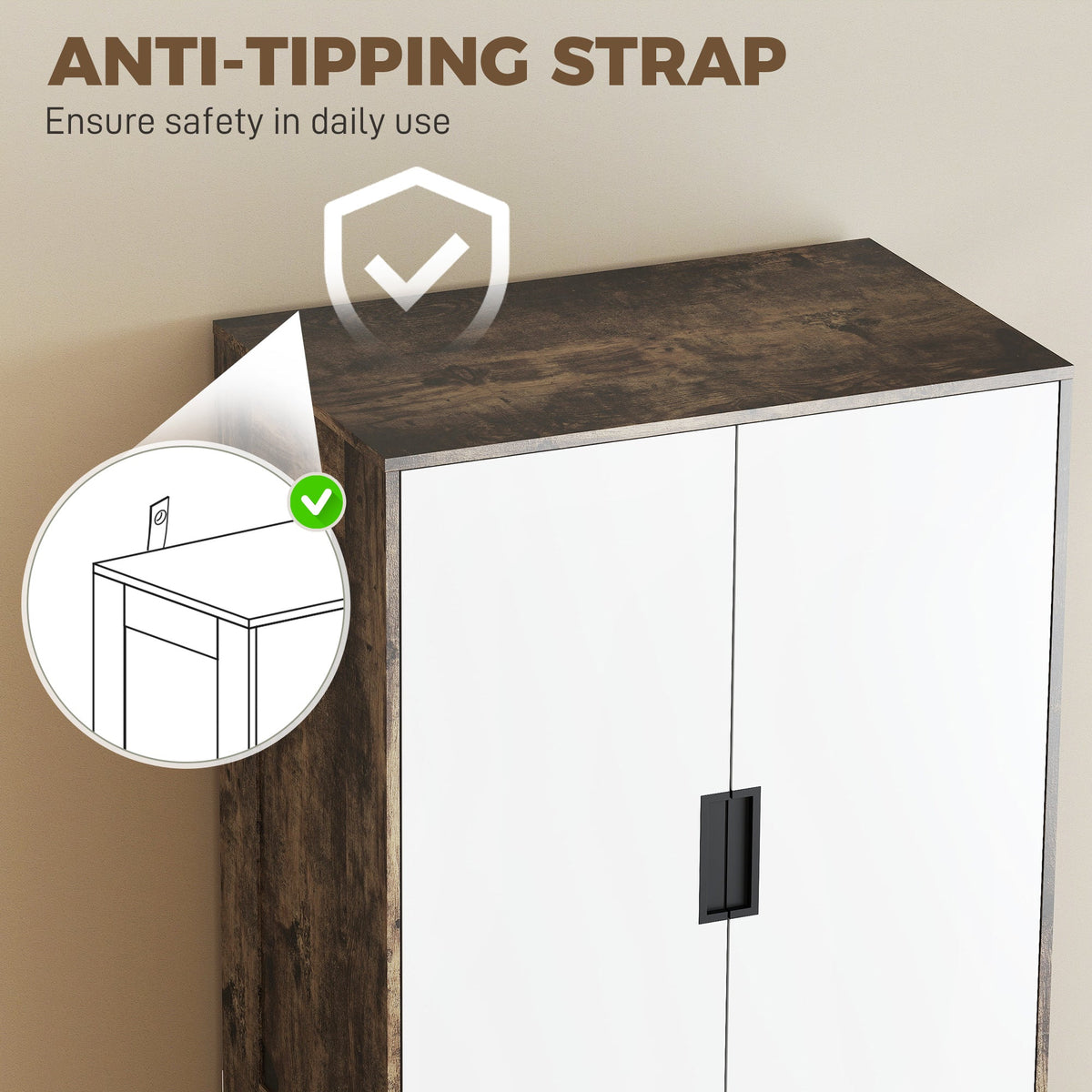 HOMCOM Modern Clothes Storage Cupboard Unit, 3 Drawer 2 Door Wardrobe with Hanging Rod, Rustic Brown