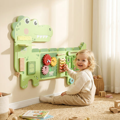AIYAPLAY Busy Board Panels, Wall Mounted Montessori Inspired Busy Board, Toddler Learning Centre Dinosaur Theme, Green