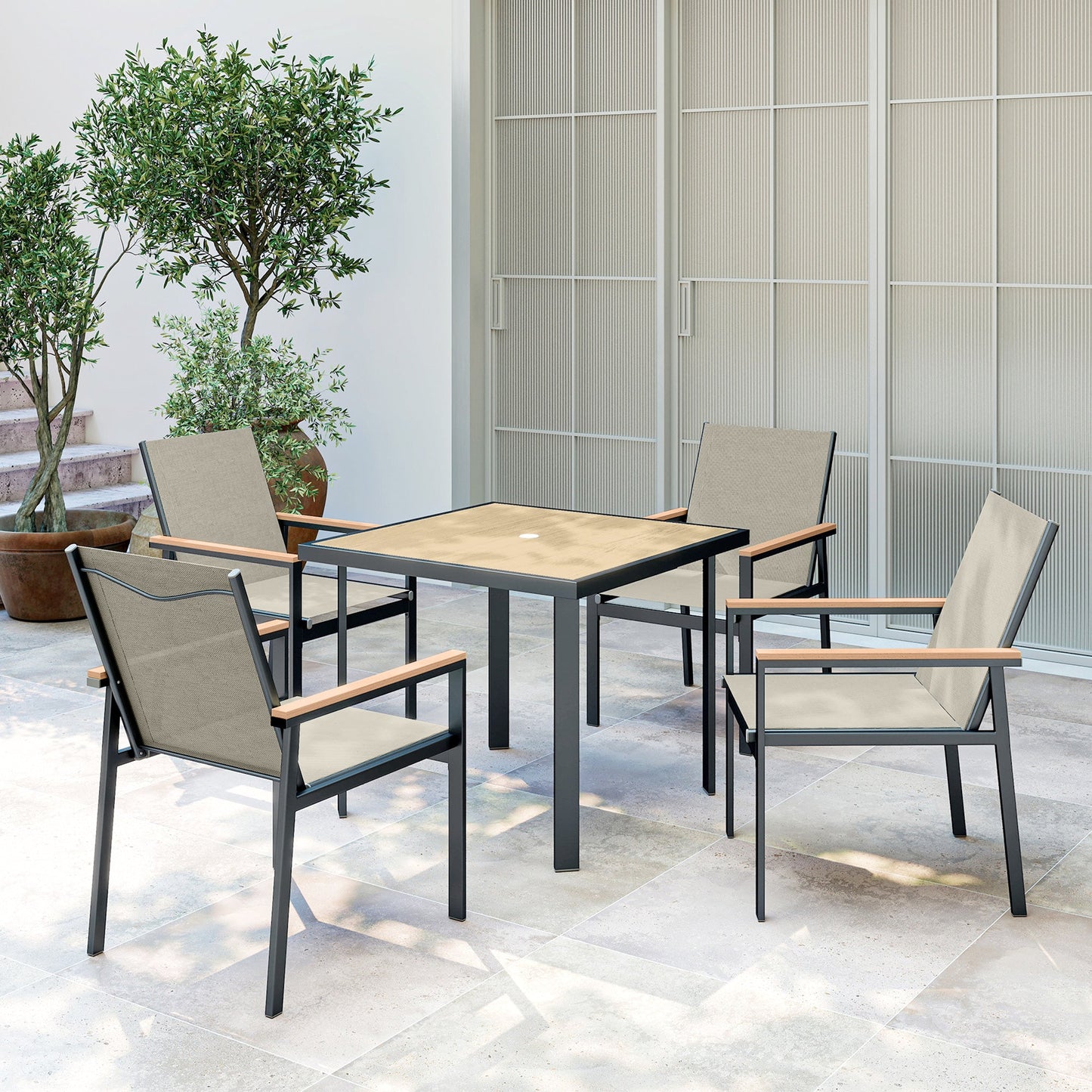 Outsunny Five-Piece Metal Dining Set, with Glass-Top Table - Khaki