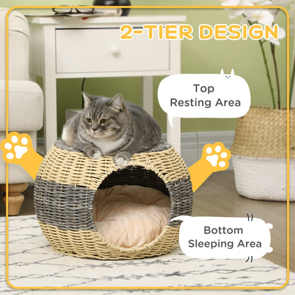PawHut Wicker Cat House, Rattan Raised Cat Bed, Cosy Kitten Cave with Soft Washable Cushion, \'ce\'a640 x 30cm