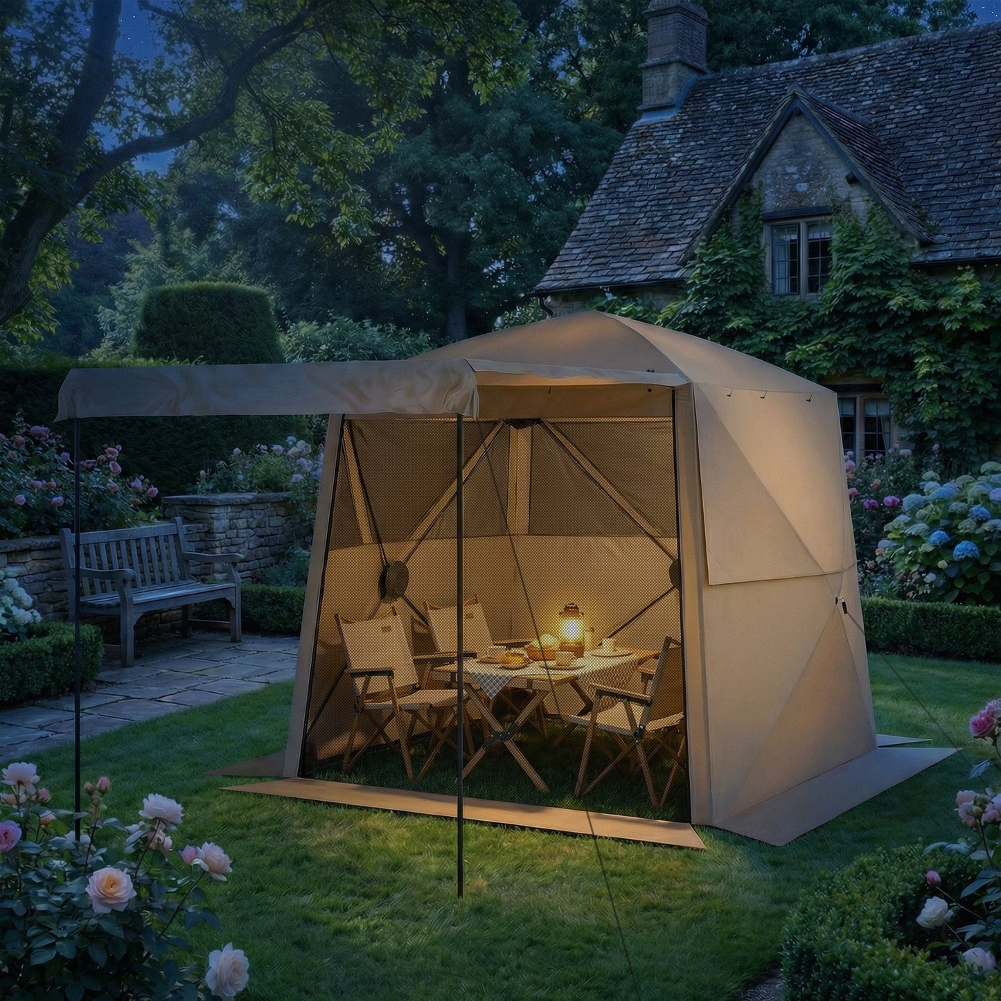 Outsunny Pop Up Gazebo Waterproof Instant Shelter with Awning Mesh Windows for Camping Patio 2 x 2 m, Khaki