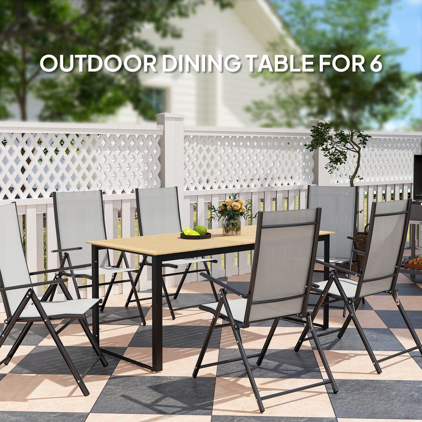 Outsunny Garden Dining Table, 175 x 78 x 75 cm Rectangle Outdoor Table for 6 People with Slatted Table Top, Metal Frame, for Balcony, Deck, Teak