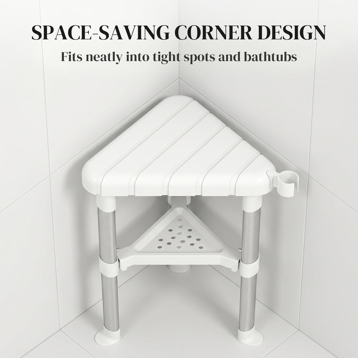 HOMCOM Shower Stool, Aluminium Alloy Corner Shower Chair with Storage Shelf and HDPE Seat, Adjustable Height, White