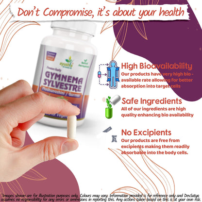 Ayushya Gymnema Sylvestre with Black Pepper Capsules (Madhunaashini, Gurmar) Glucose Wellness Support - Vegan, Gluten Free, Non-GMO, 60 Capsules