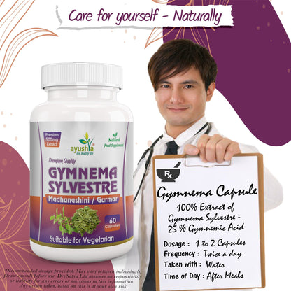 Ayushya Gymnema Sylvestre with Black Pepper Capsules (Madhunaashini, Gurmar) Glucose Wellness Support - Vegan, Gluten Free, Non-GMO, 60 Capsules
