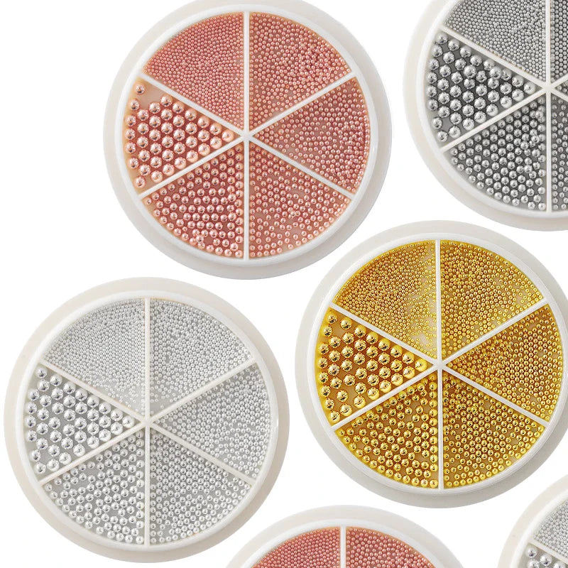6 Grids Nail Art Tiny Steel Caviar Beads 0.8-1.5mm Mixed Size 3D Design Rose Gold Silver Jewelry Manicure DIY Decoration