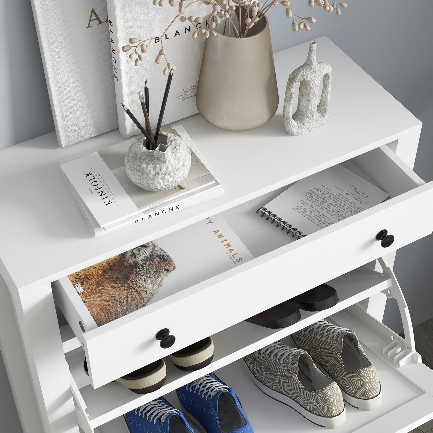 HOMCOM Narrow Shoe Cabinet with 2 Flip Drawers and Adjustable Shelves, White