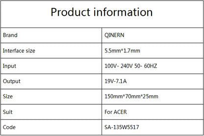 19V 7.1A 135W 5.5*1.7MM Laptop AC Adapter Charger For ACER Aspire V17 Nitro 5 np515-52 pa-1131-16 ADP-135KB VX5 VN7-792G-59CL