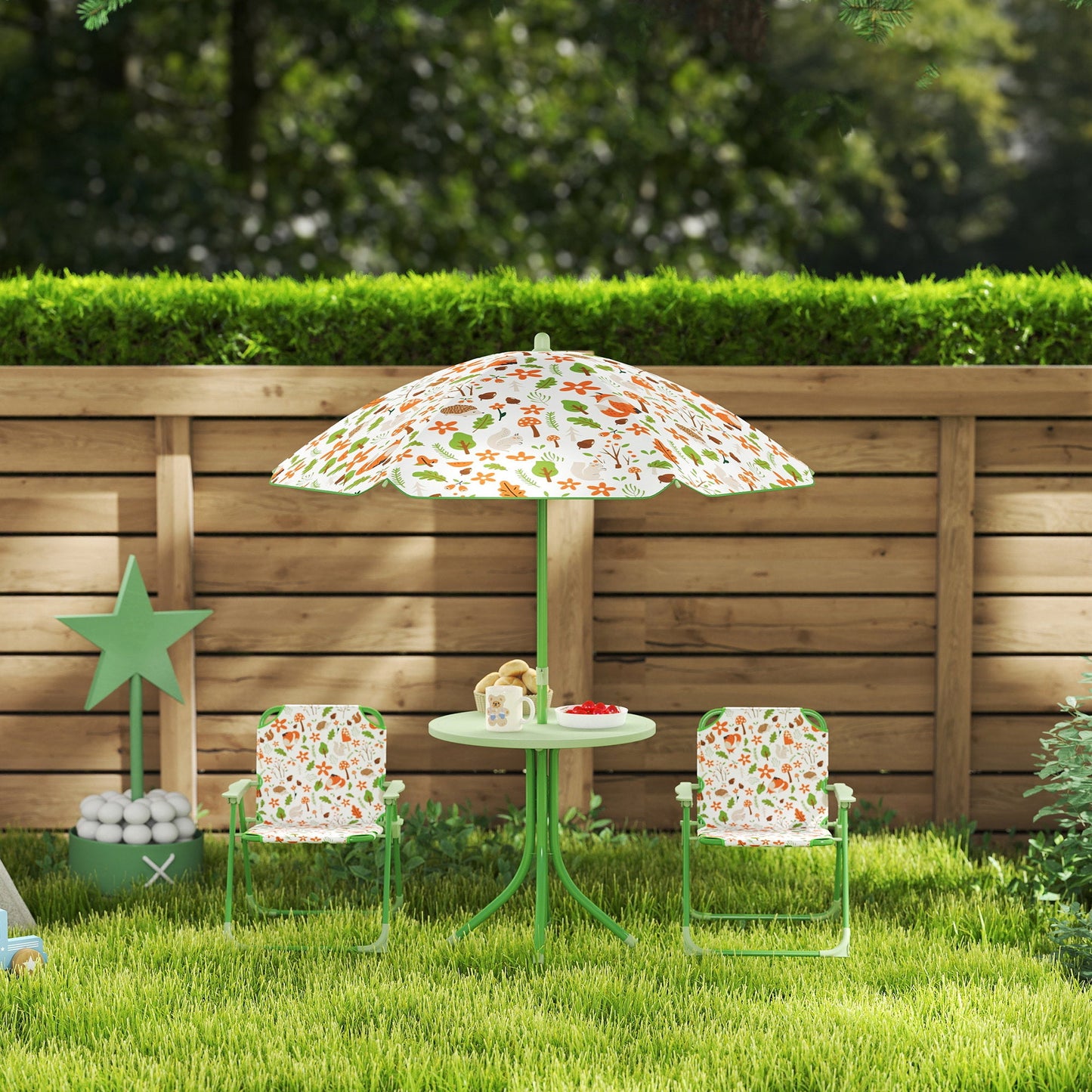 AIYAPLAY 4 Pieces Kids Garden Table and Chair Set with Adjustable Parasol, Folding Chairs, Table, Fox Pattern, Green