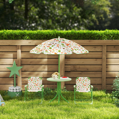 AIYAPLAY 4 Pieces Kids Garden Table and Chair Set with Adjustable Parasol, Folding Chairs, Table, Fox Pattern, Green