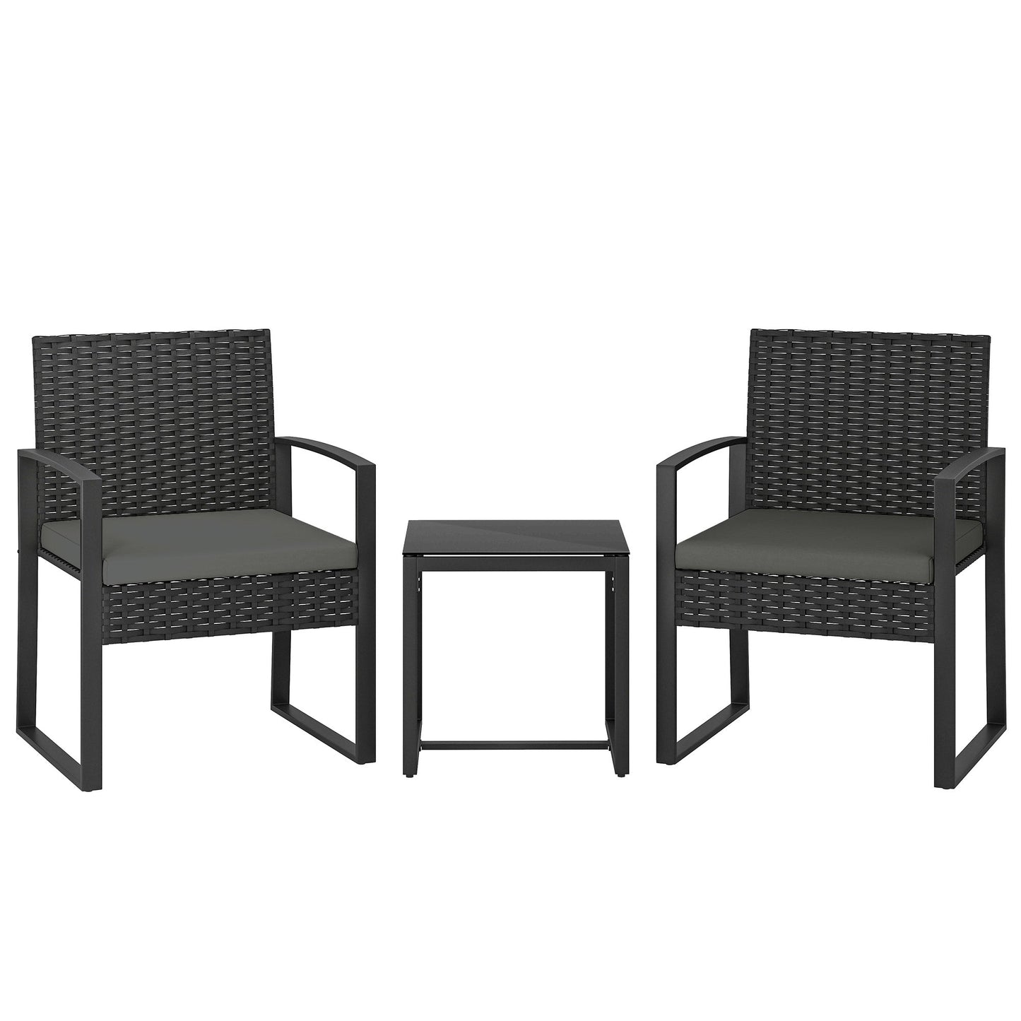 Outsunny Rattan Bistro Set, 3 Piece Garden Furniture Set with Glass Top Table and Cushions, Dark Grey