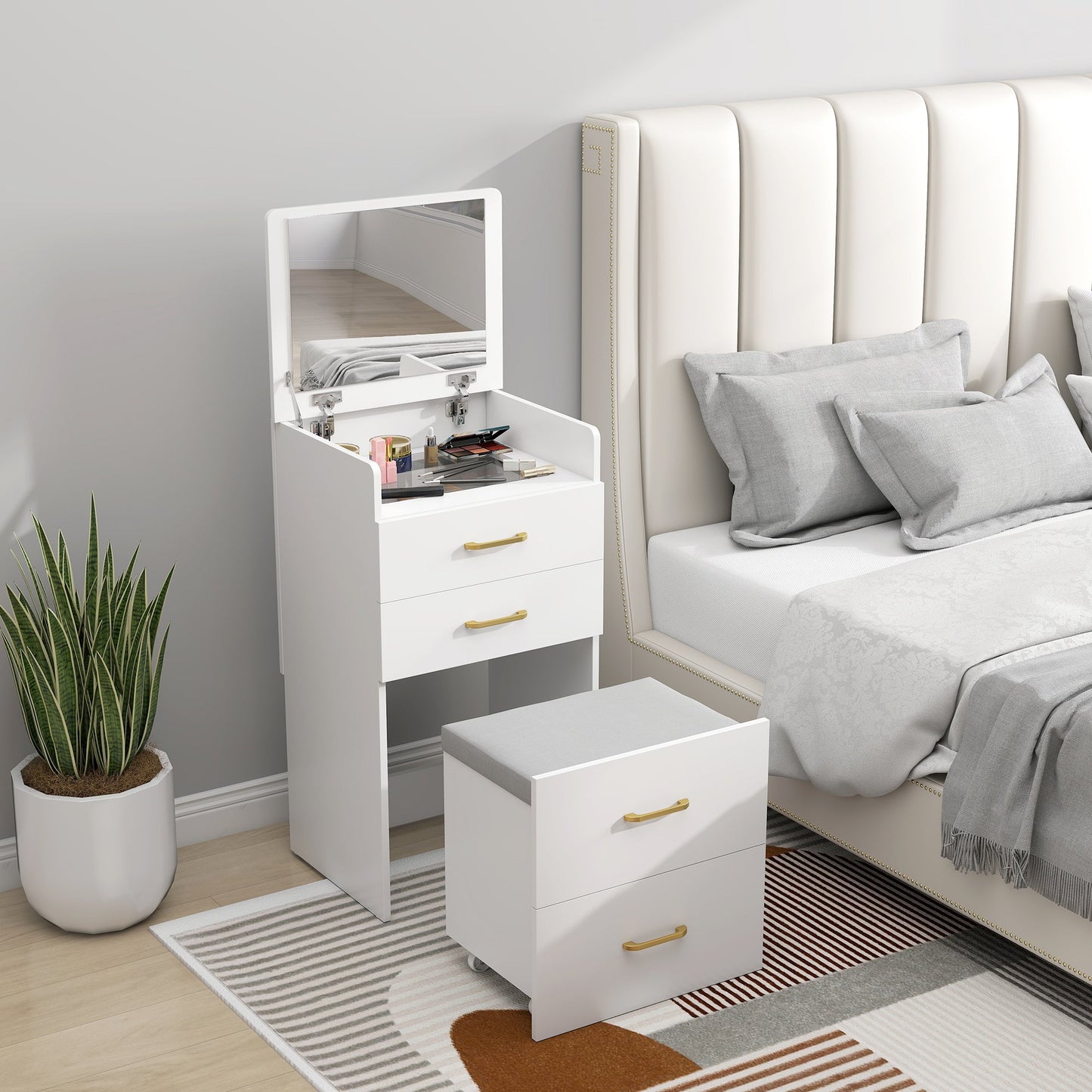 HOMCOM 3 in 1 Dressing Table with Flip-top Mirror and Rolling Stool, Modern Vanity Desk with Visible Glass Tabletop, Drawers and Side Hook, Makeup Table with Cushioned Storage Stool for Bedroom, White