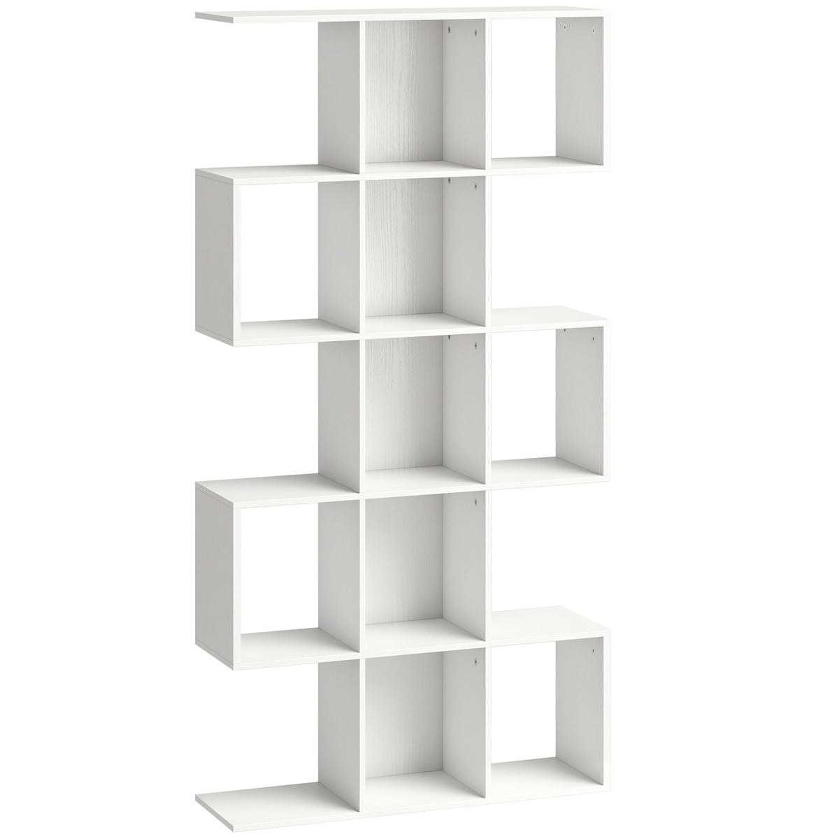 HOMCOM 5-Tier Bookshelf, S Shaped Geometric Bookcase with 15 Compartments, White Wood Effect