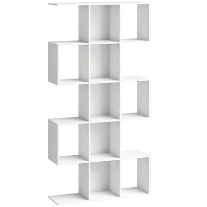 HOMCOM 5-Tier Bookshelf, S Shaped Geometric Bookcase with 15 Compartments, White Wood Effect