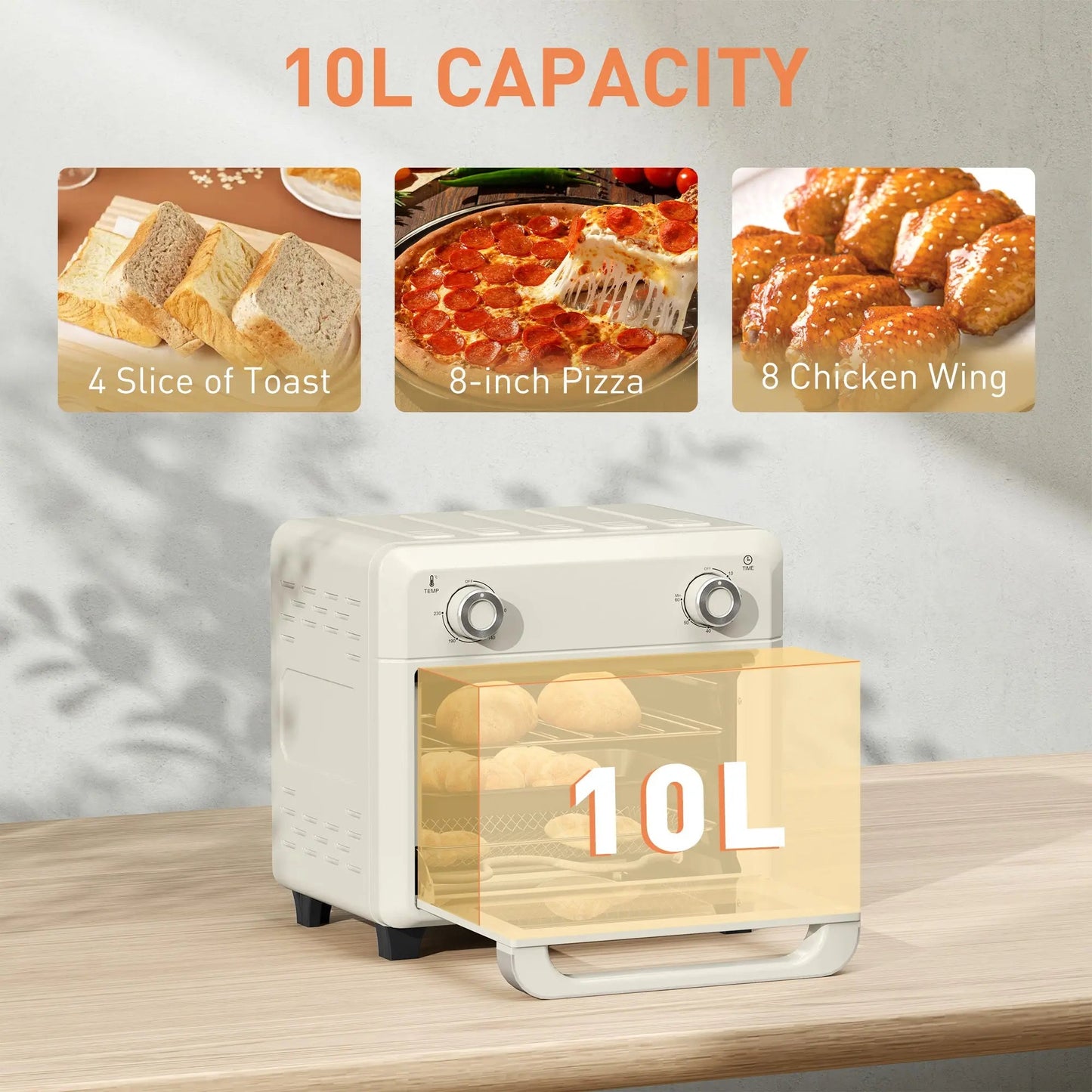 HOMCOM 10L Air Fryer Oven, Mini Oven, Oil Free Cooking, Grill, Roast, Bake, with Adjustable Temperature, Timer, Dishwasher Safe, 1000W, Cream White