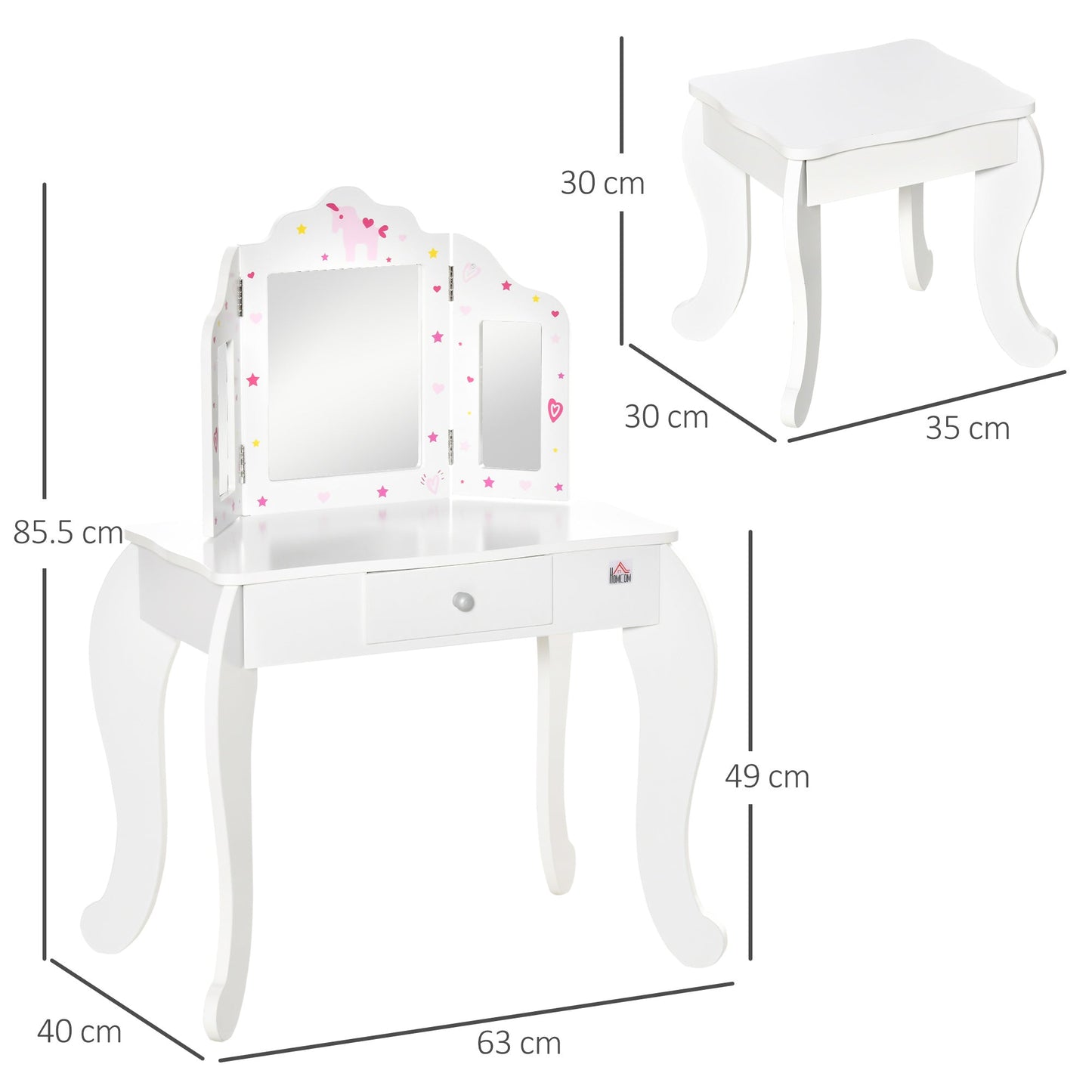HOMCOM Kids Vanity Table & Stool Girls Dressing Set Make Up Desk Chair Dresser Play Set with Rotatable Mirrors Drawer Star & Heart Pattern White