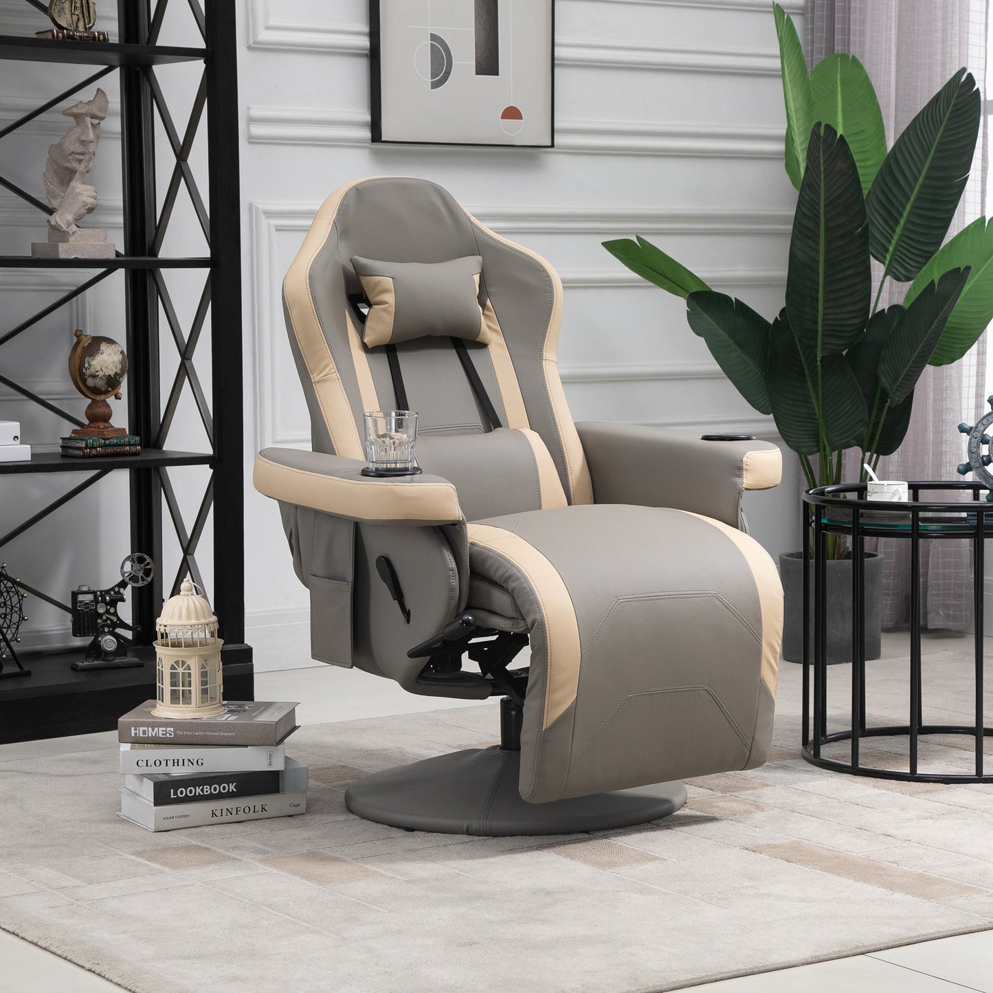 HOMCOM Manual Recliner Armchair PU Leather Lounge Chair w Adjustable Leg Rest, 135° Reclining Function, 360° Swivel, Grey
