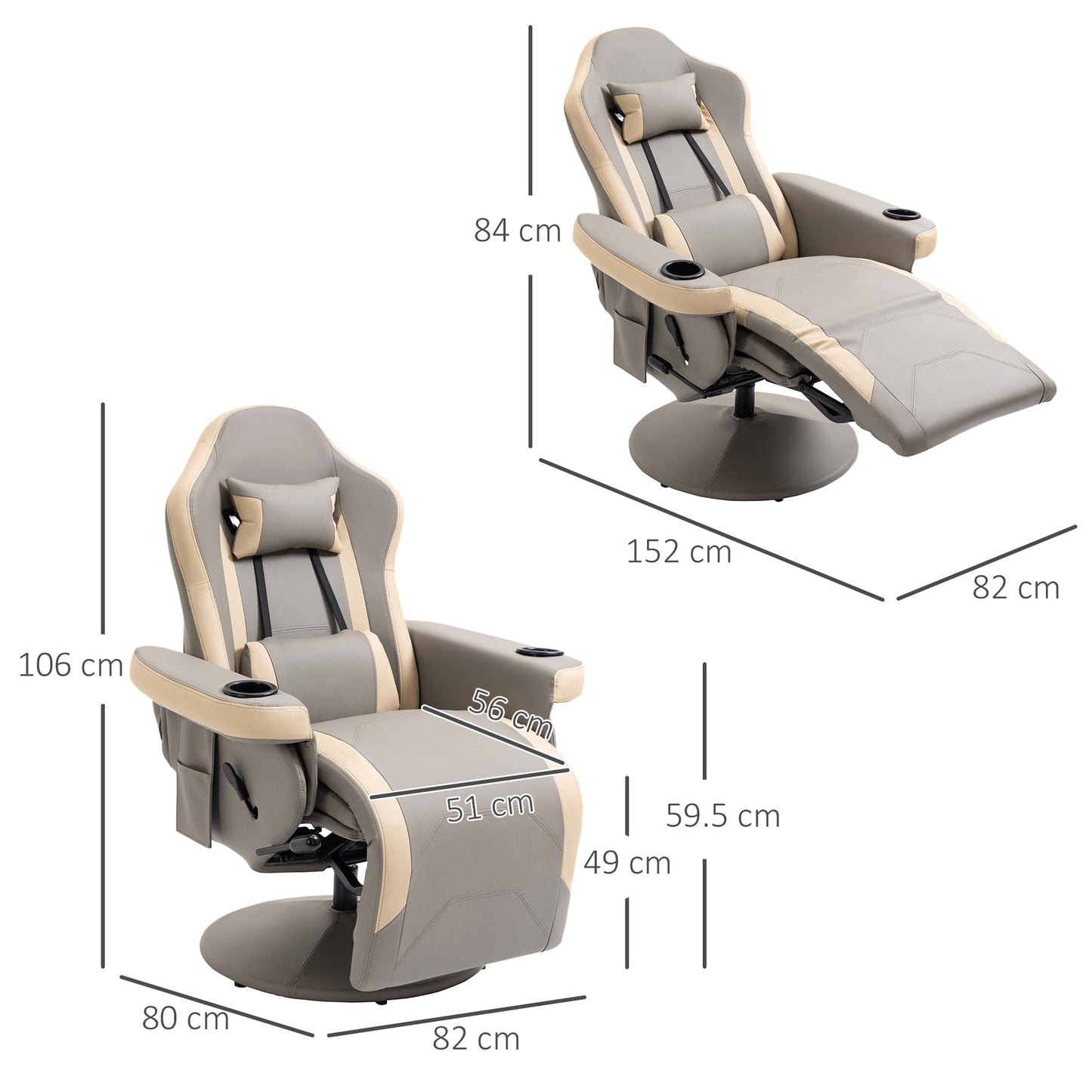 HOMCOM Manual Recliner Armchair PU Leather Lounge Chair w Adjustable Leg Rest, 135° Reclining Function, 360° Swivel, Grey