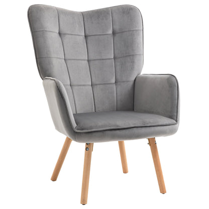 HOMCOM Modern Accent Chair, Upholstered Tufted Wingback Armchair with Seat Padding, Leisure Lounge Bedroom Chair with Wood Legs, Grey