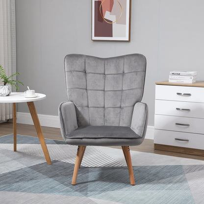 HOMCOM Modern Accent Chair, Upholstered Tufted Wingback Armchair with Seat Padding, Leisure Lounge Bedroom Chair with Wood Legs, Grey