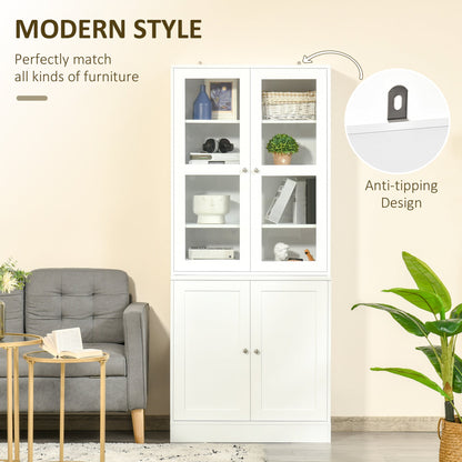 HOMCOM Modern Bookcase with Glass Doors, Display Storage Cabinet with Adjustable Shelves for Living Room, Study, Office, White