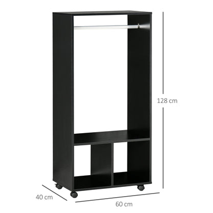 HOMCOM Open Wardrobe on Wheels, Bedroom Wardrobe with Clothes Hanging Rail, 2 Storage Shelves, Mobile Garment Rack for Cloakroom, Hallway, Black