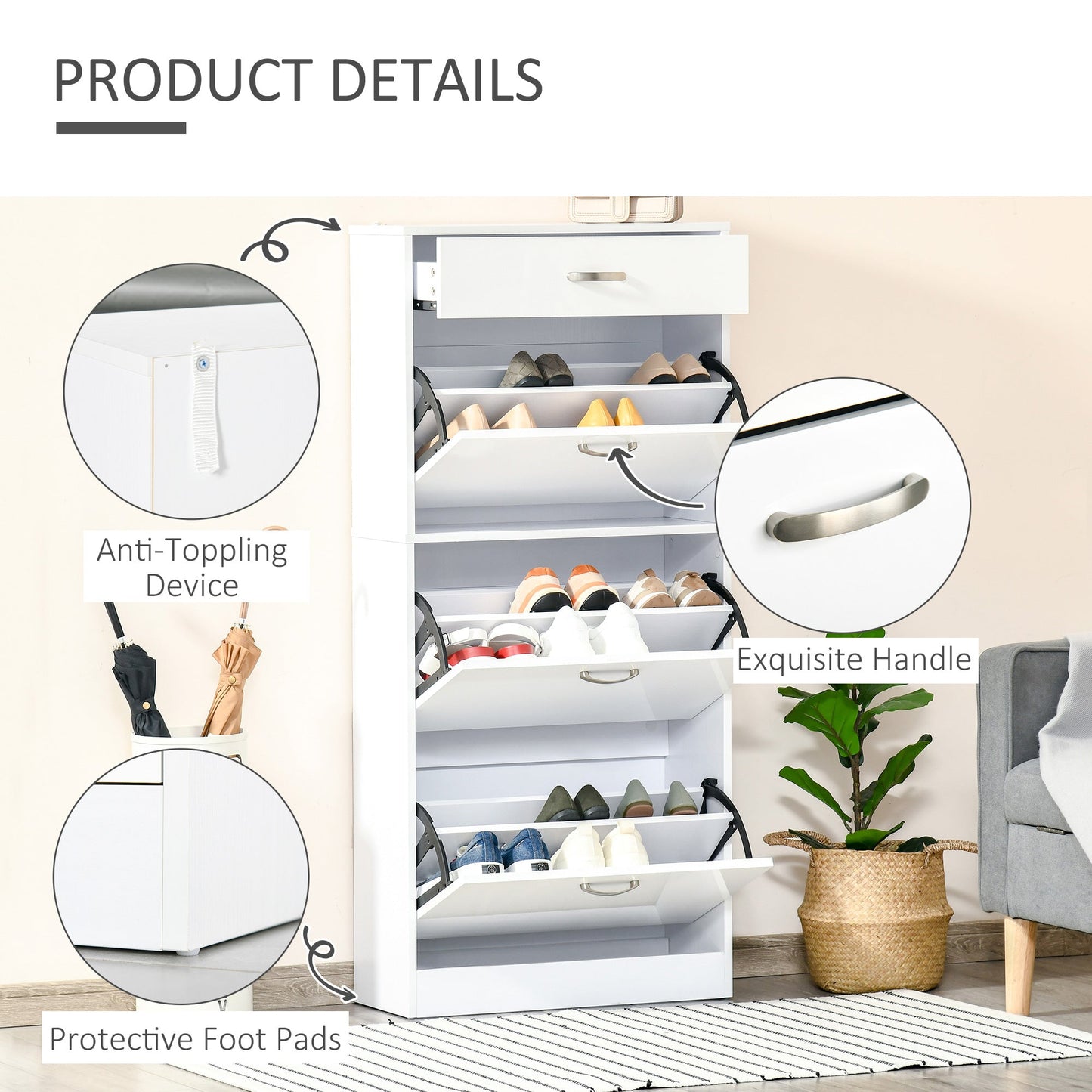 HOMCOM Shoe Cabinet with 3 Flip Drawers, High Gloss Shoe Storage Cabinet with Top Drawer and Adjustable Shelves, Shoe Cupboard for 18 Pairs, White