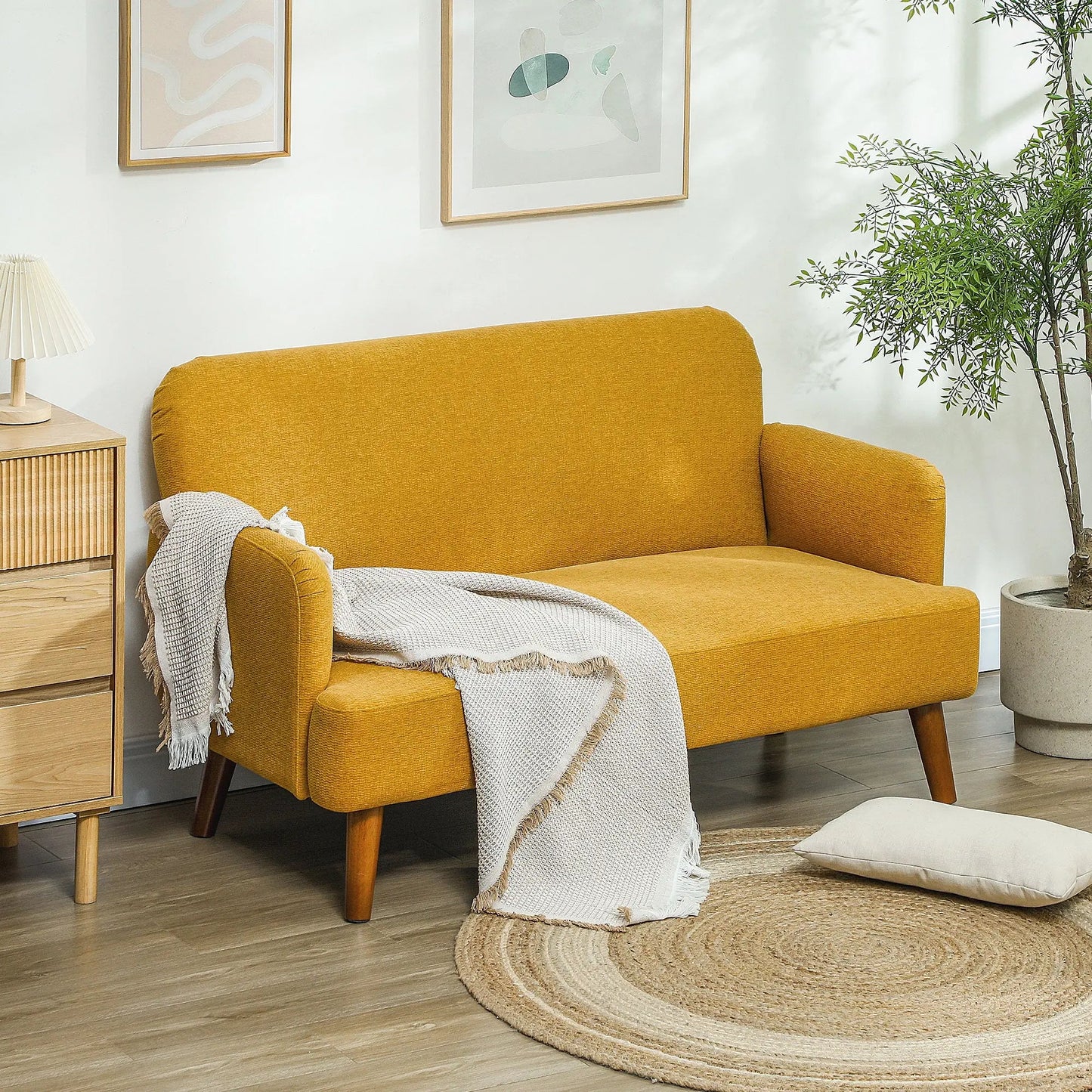 HOMCOM Velvet Feel Fabric 2 Seater Sofa, Small Sofa Loveseat with 21cm Thick Padding and Wood Legs, Yellow