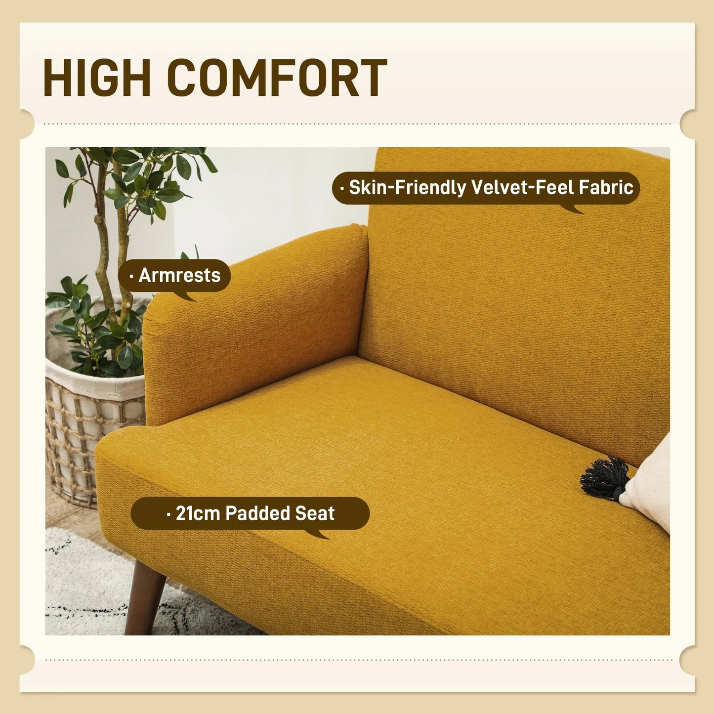 HOMCOM Velvet Feel Fabric 2 Seater Sofa, Small Sofa Loveseat with 21cm Thick Padding and Wood Legs, Yellow