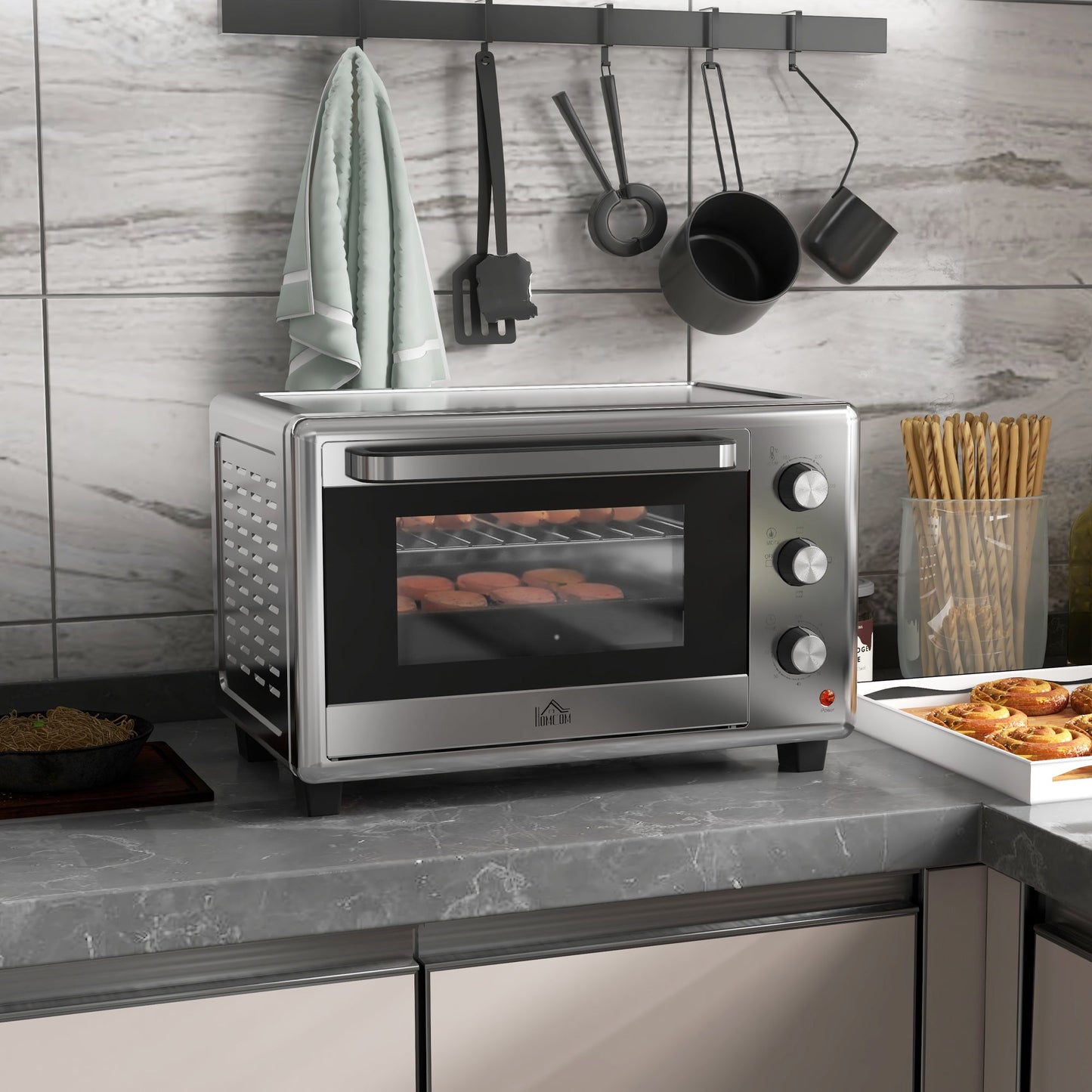 HOMCOM 30L 60-230\'e2\'84\'83 Mini Electric Oven, with Accessories - Silver Tone