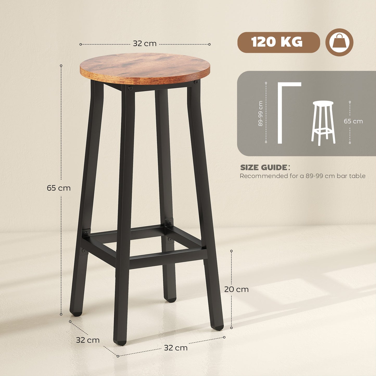HOMCOM Bar Stools Set of 2 Breakfast Bar Stools with Footrest, Industrial Round, 32 x 32 x 65 cm, Rustic Brown