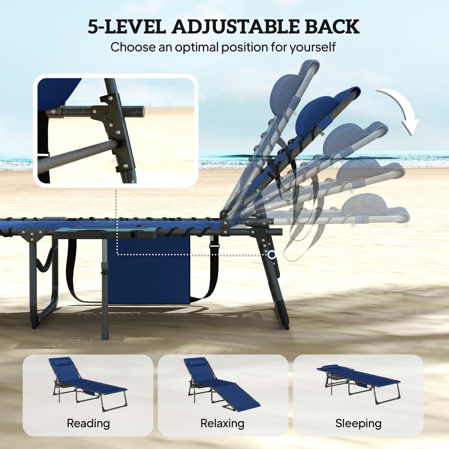 Outsunny Five-Position Reclining Sun Loungers Set of 2 - Dark Blue