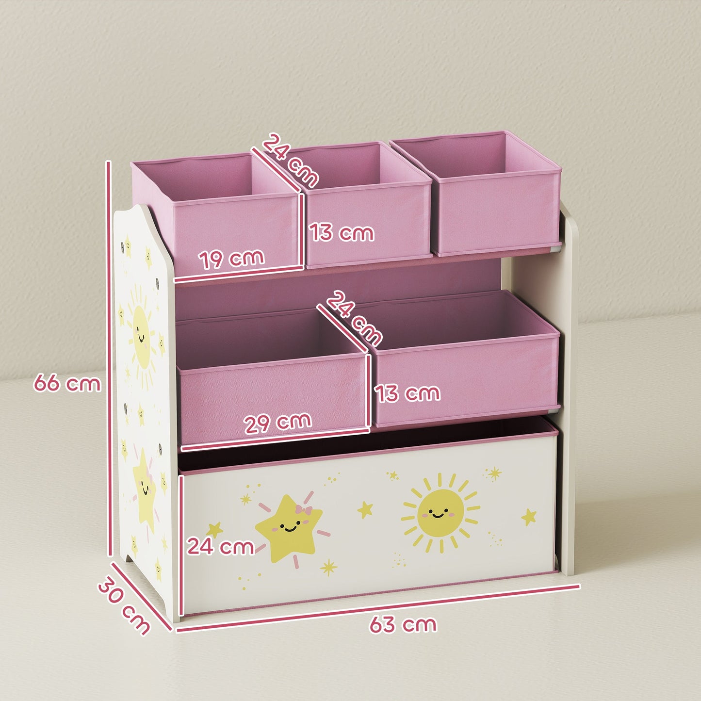 AIYAPLAY Kids Toy Storage Units, 3-Tier Toy Organiser Shelf with 6 Removable Boxes for Kids, Bedroom, Playroom, Pink