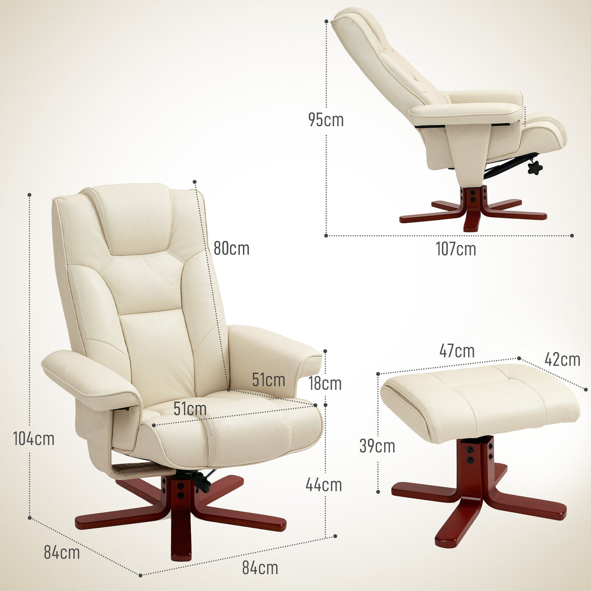 HOMCOM Faux Leather Manual Recliner and Footstool Set - Cream White