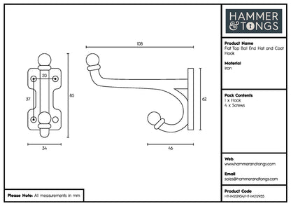 35mm x 85mm Flat Top Ball End Brass Hat & Coat Hook