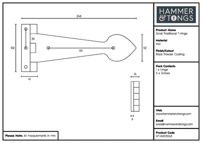 245mm Black Traditional T-Hinge