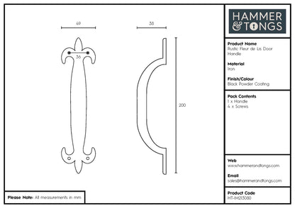 200mm Black Rustic Fleur De Lis Door Handle